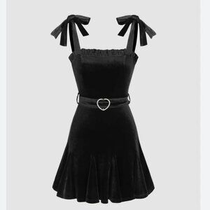 NWOT Cider Black Velvet Ruffle Mini Dress Heart Rhinestone Belt